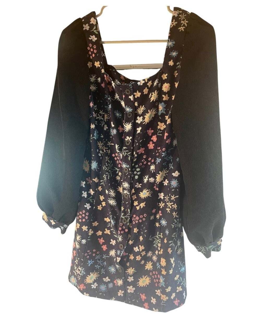 Cider Black Floral Corduroy Mini Dress with Button Front and Long Sleeves